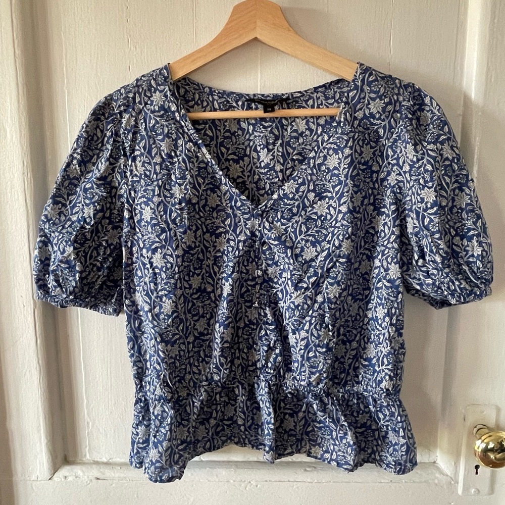 Banana Republic Blouse Womens Medium Blue Floral Boho Cottagecore Puff Sleeve